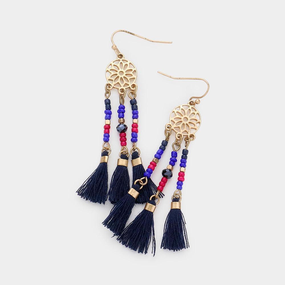 Blue Beaded Tassel Drop Earrings - Jewelry Store by Erik Rayo