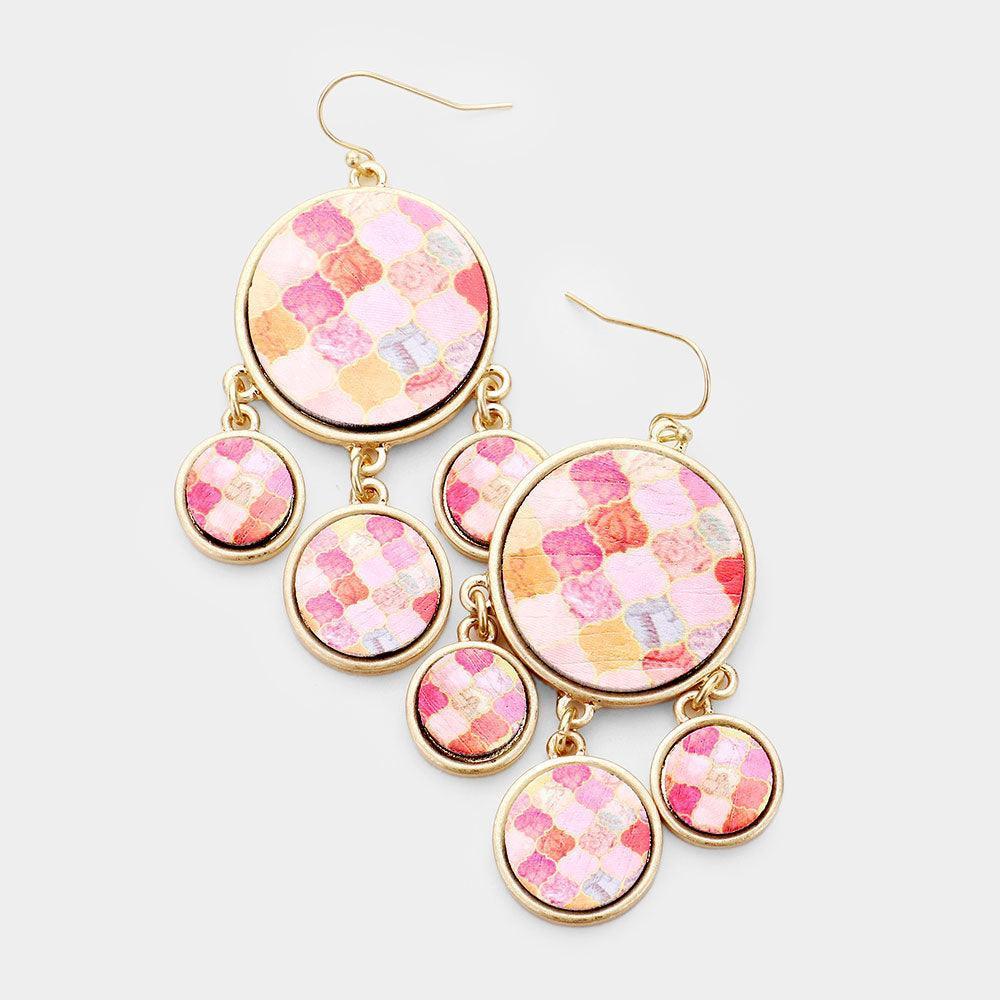 Peach Pattern Print Wood Triple Disk Drop Earrings - Jewelry Store by Erik Rayo