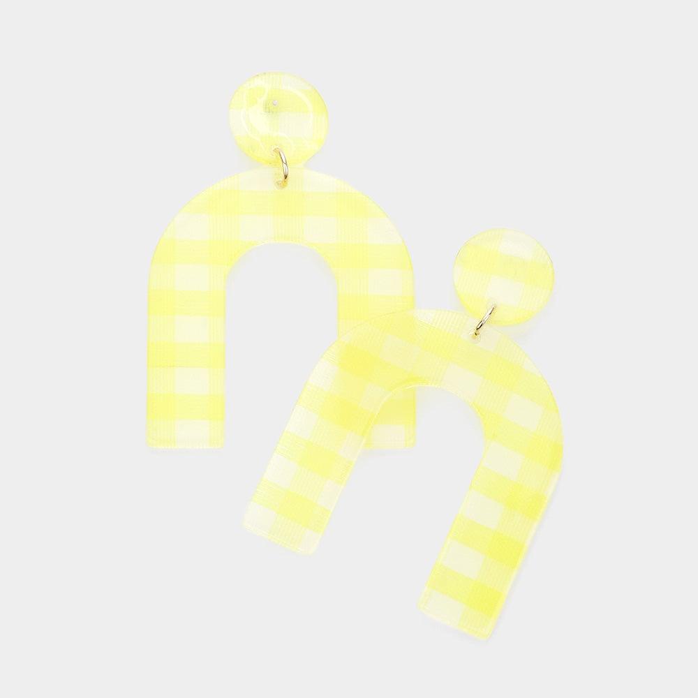 Yellow Gingham Check Patterned Resin Arch Dangle Earrings