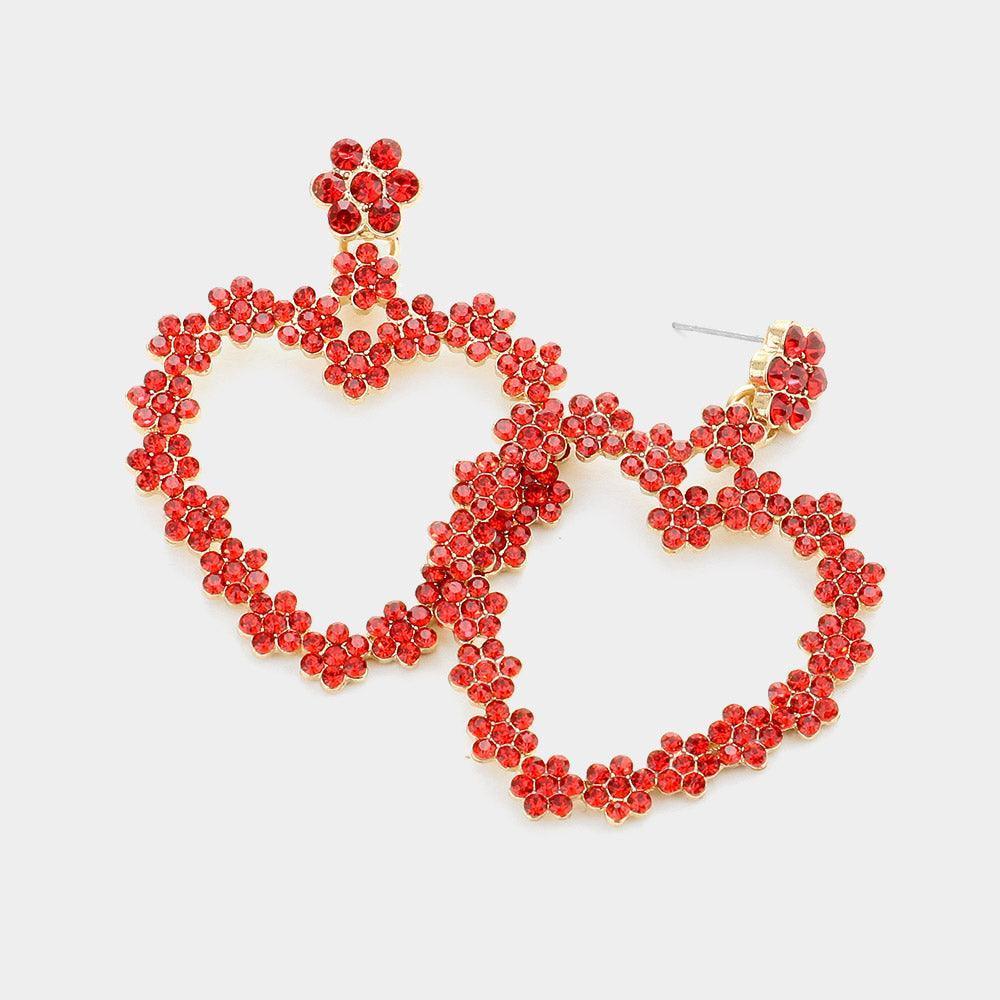 Red Rhinestone Flower Cluster Open Heart Dangle Earrings - Jewelry Store by Erik Rayo