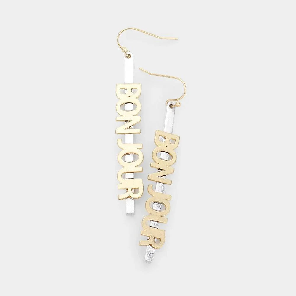 Silver Bonjour Drop Bar Earrings - Jewelry Store by Erik Rayo