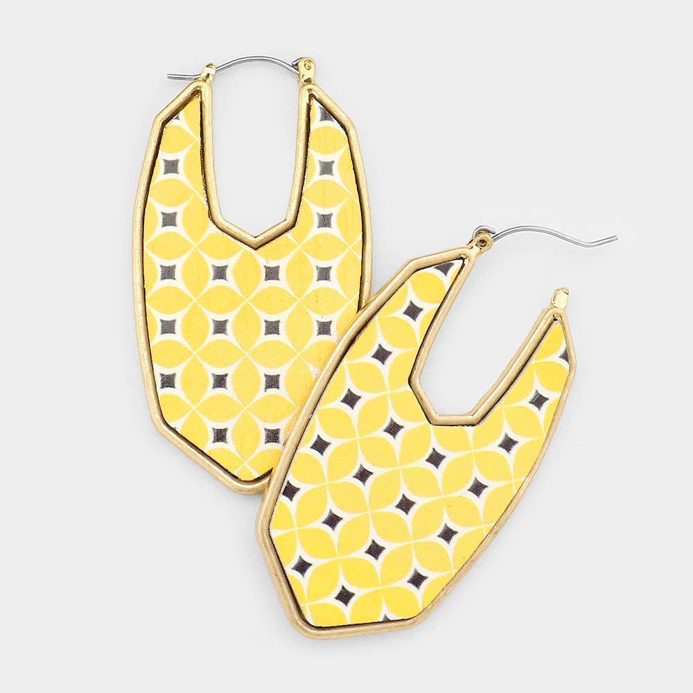 Yellow Patterned Texture Printed Wood Dangle Pin Catch Earrings - Jewelry Store by Erik Rayo