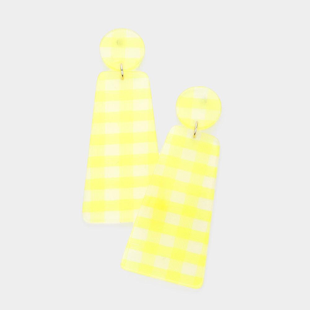 Yellow Gingham Check Patterned Resin Trapezoid Dangle Earrings