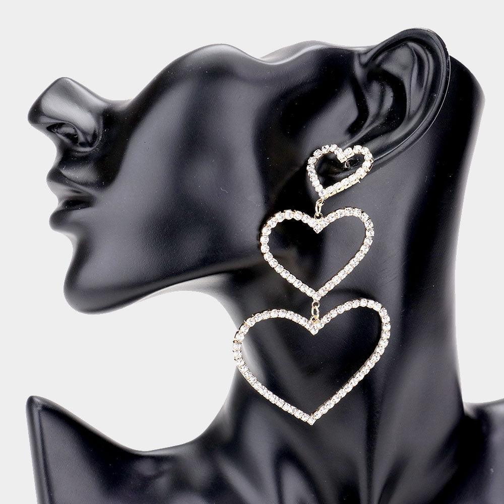 Gold Rhinestone Triple Open Heart Link Dangle Earrings - Jewelry Store by Erik Rayo