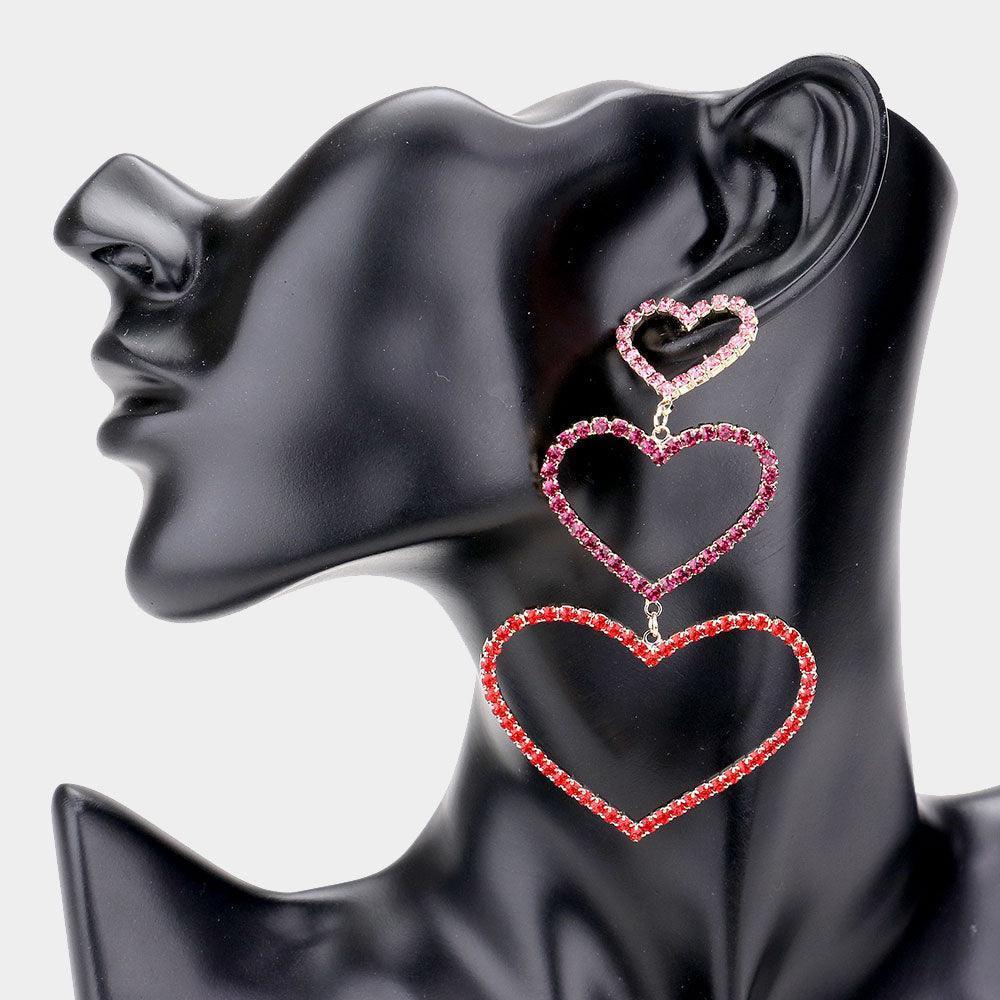 Rhinestone Triple Open Heart Link Dangle Earrings - Jewelry Store by Erik Rayo
