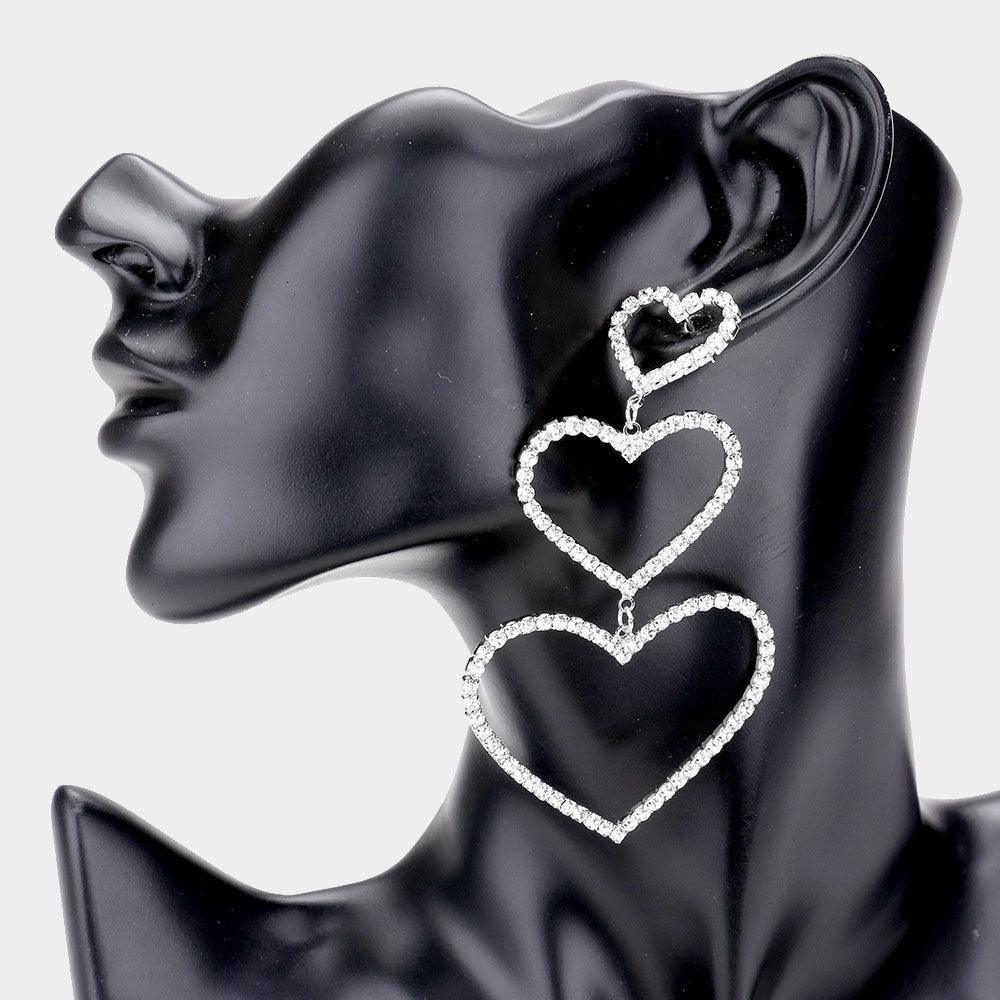Rhinestone Triple Open Heart Link Dangle Earrings - Jewelry Store by Erik Rayo