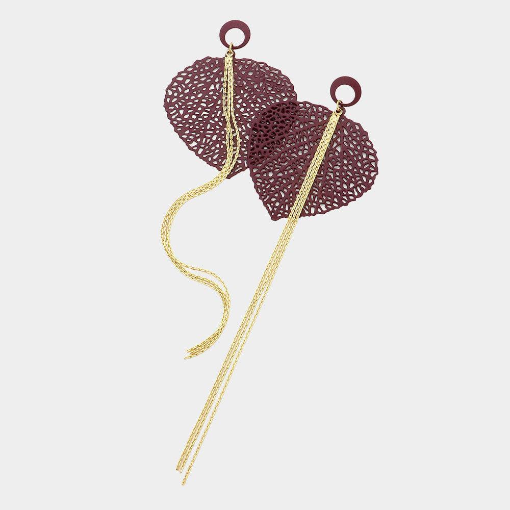 Burgundy 18K Gold Dipped Filigree Leaf Chain Tassel Earrings - Jewelry Store by Erik Rayo