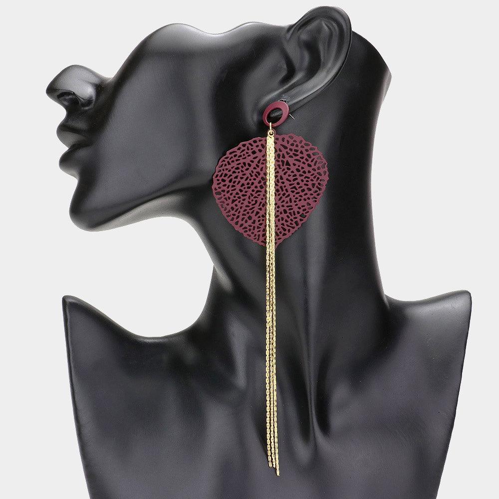 Burgundy 18K Gold Dipped Filigree Leaf Chain Tassel Earrings - Jewelry Store by Erik Rayo