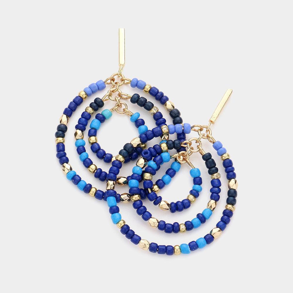 Blue Beaded Triple Open Circle Link Dangle Earrings - Jewelry Store by Erik Rayo