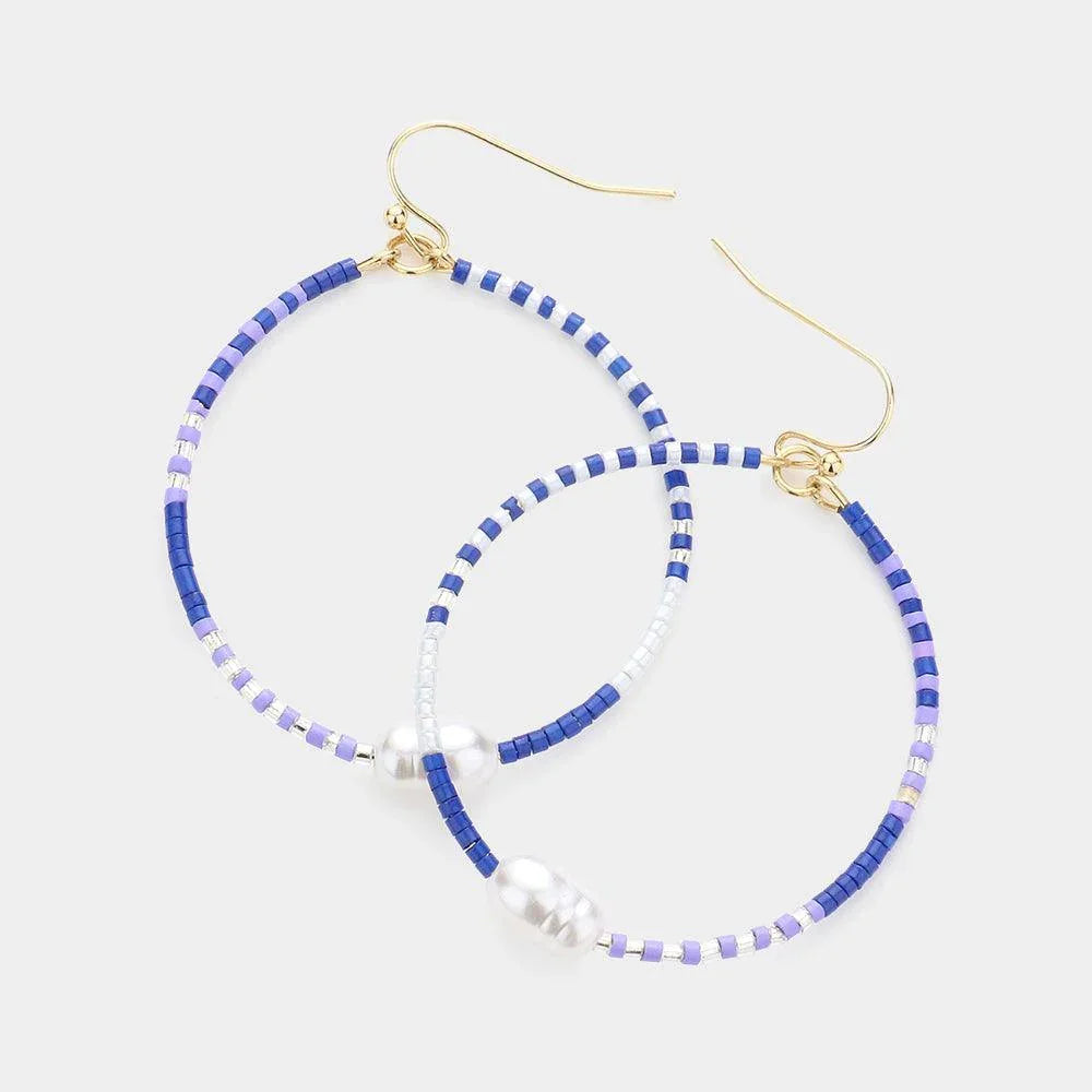Blue Pearl Accented Beaded Open Circle Dangle Earrings - Jewelry Store by Erik Rayo