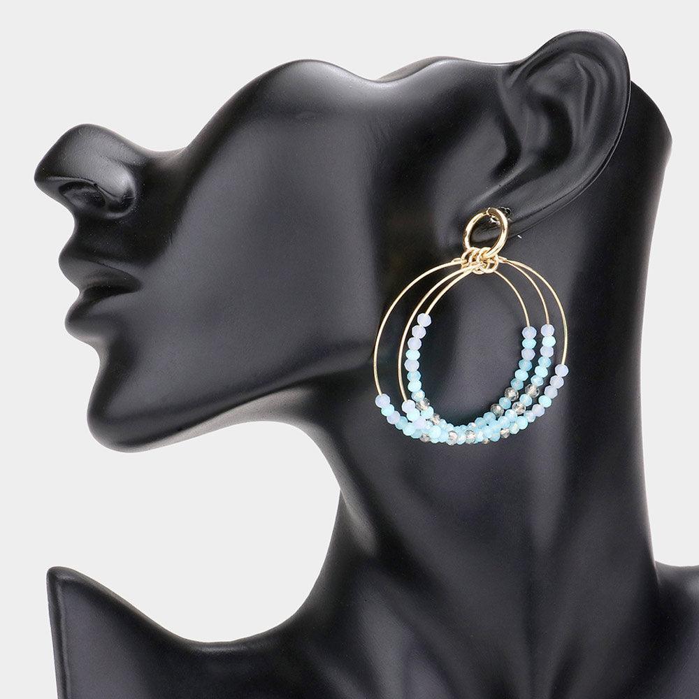 Blue Faceted Beaded Triple Open Circle Layered Dangle Earrings - Jewelry Store by Erik Rayo