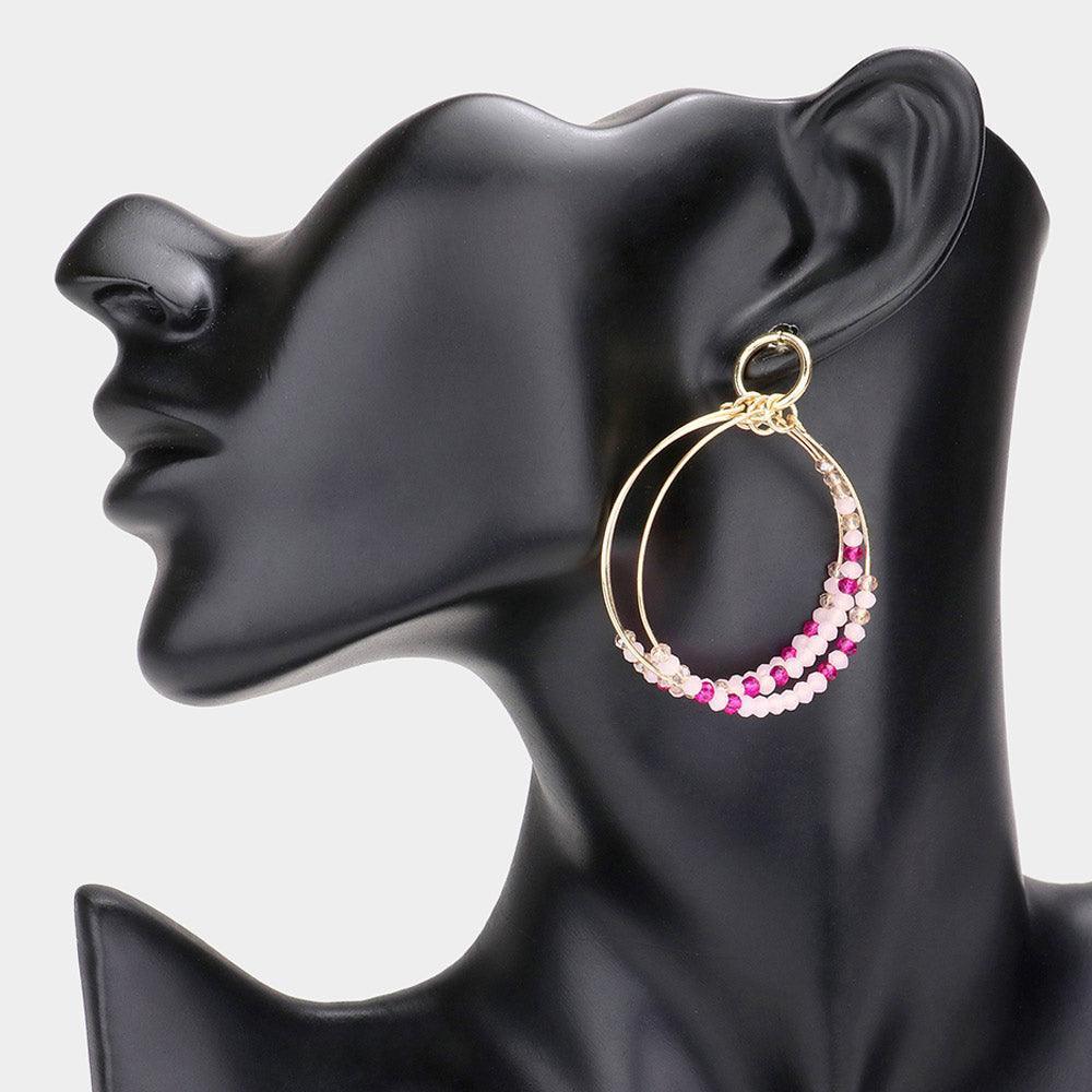 Fuchsia Faceted Beaded Triple Open Circle Layered Dangle Earrings - Jewelry Store by Erik Rayo