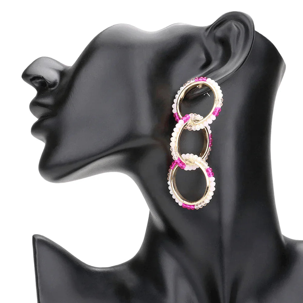 Fuchsia Faceted Bead Trimmed Triple Open Circle Link Dangle Earrings - Jewelry Store by Erik Rayo