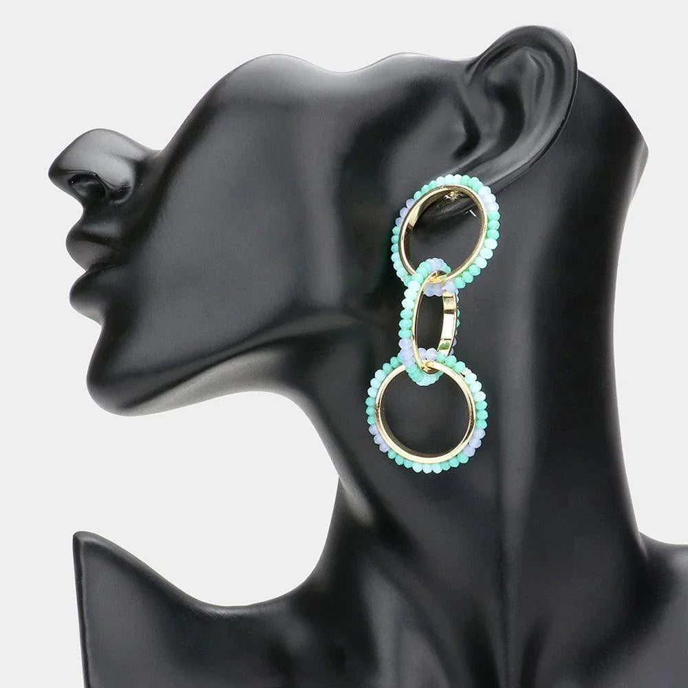 Blue Faceted Bead Trimmed Triple Open Circle Link Dangle Earrings - Jewelry Store by Erik Rayo