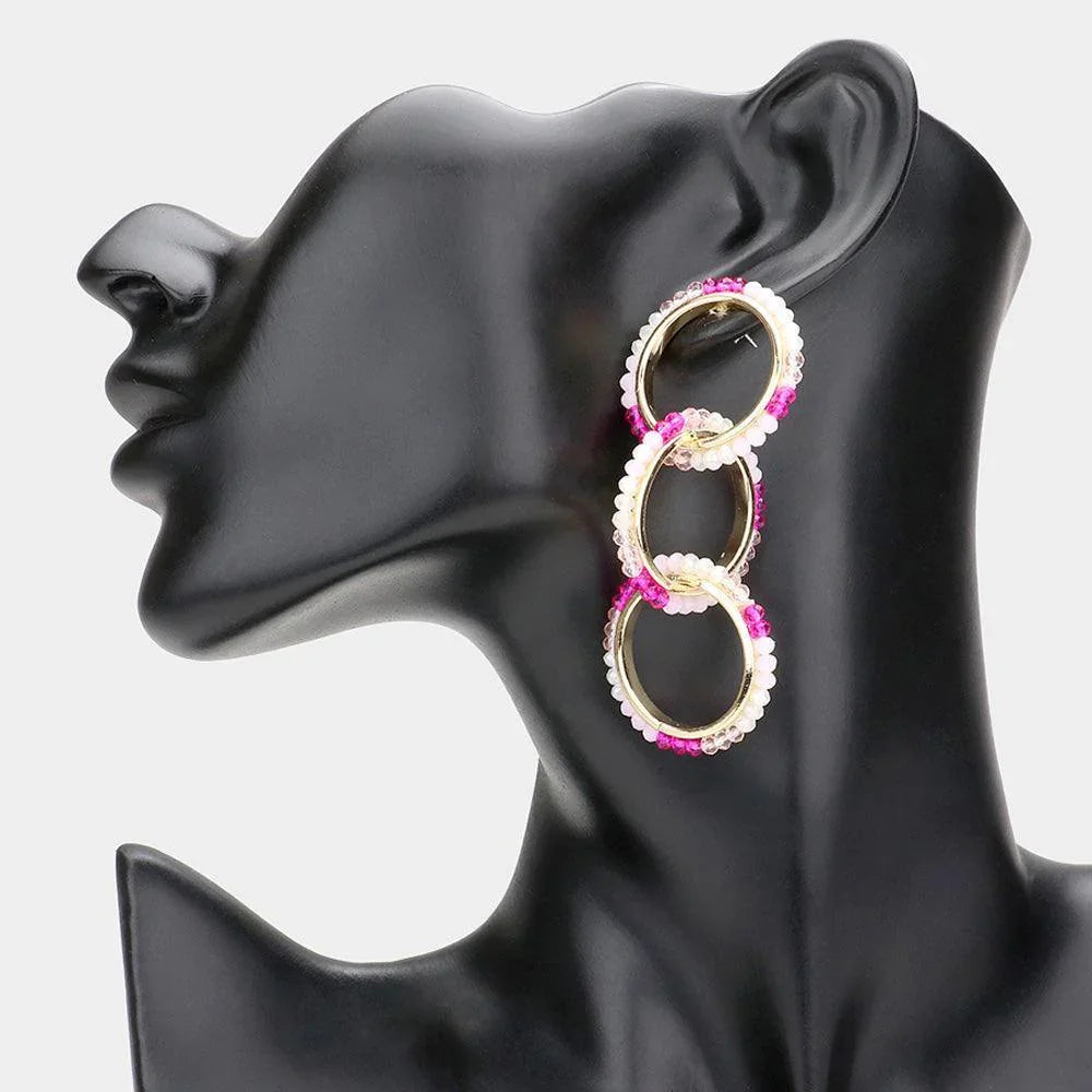 Fuchsia Faceted Bead Trimmed Triple Open Circle Link Dangle Earrings - Jewelry Store by Erik Rayo