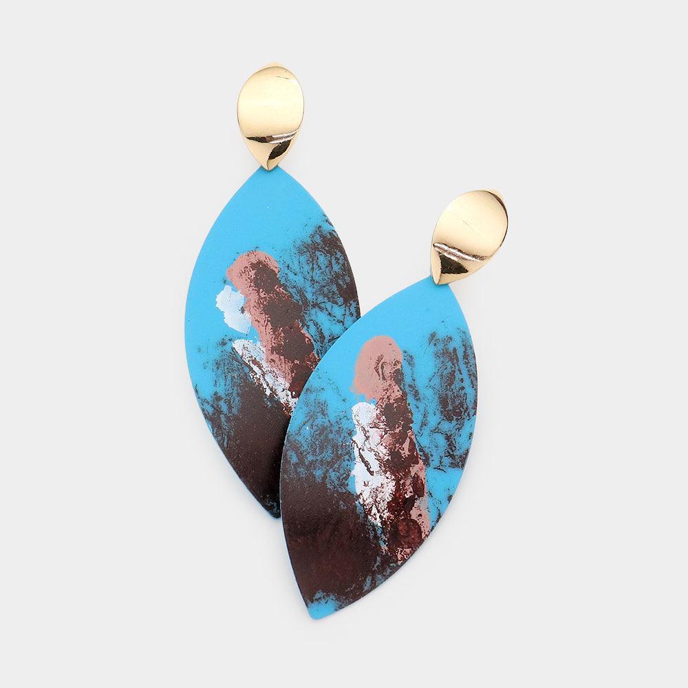 Blue Painted Splash Metal Oval Dangle Earrings - Jewelry Store by Erik Rayo
