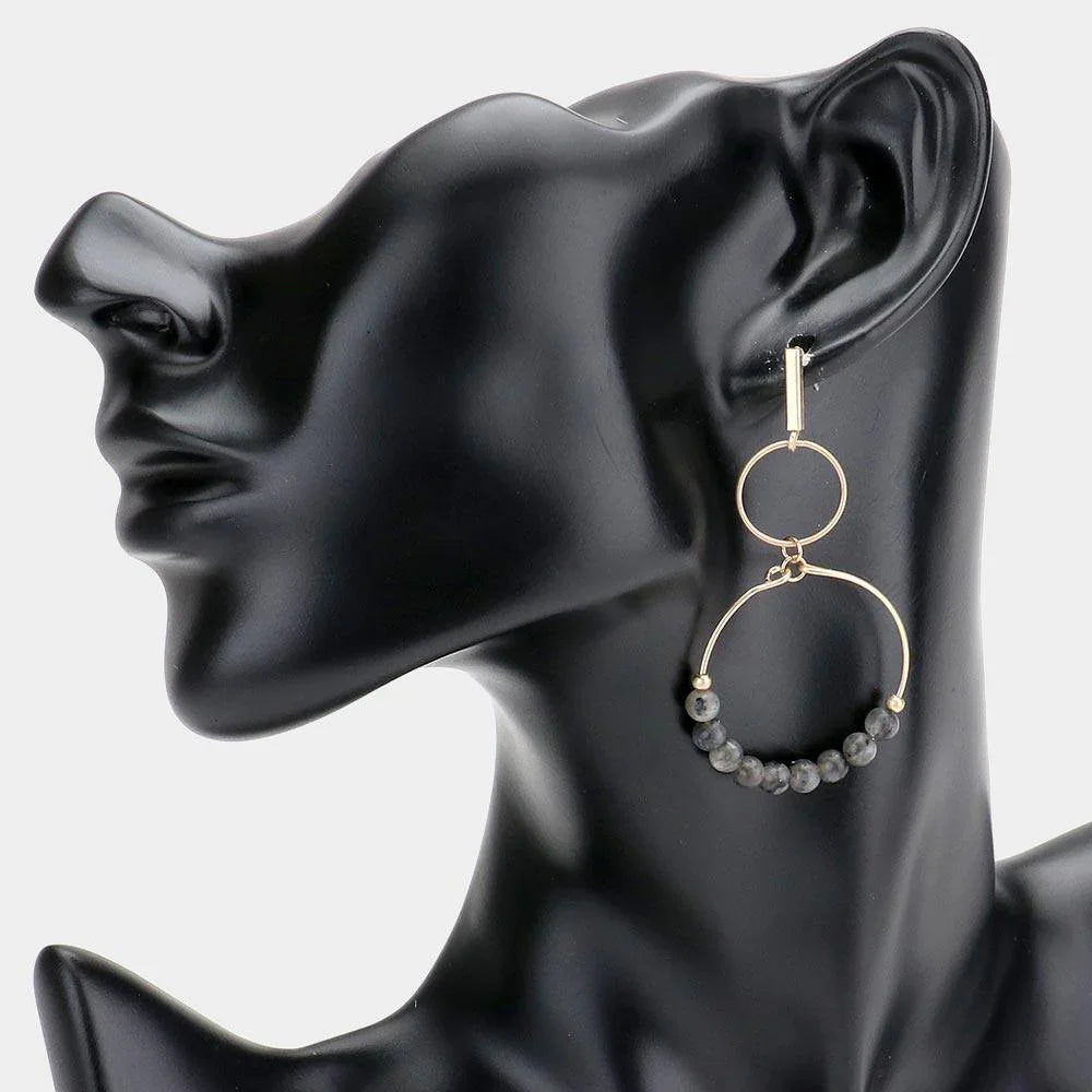 Gray Natural Stone Cluster Detailed Open Metal Circle Dangle Earrings - Jewelry Store by Erik Rayo