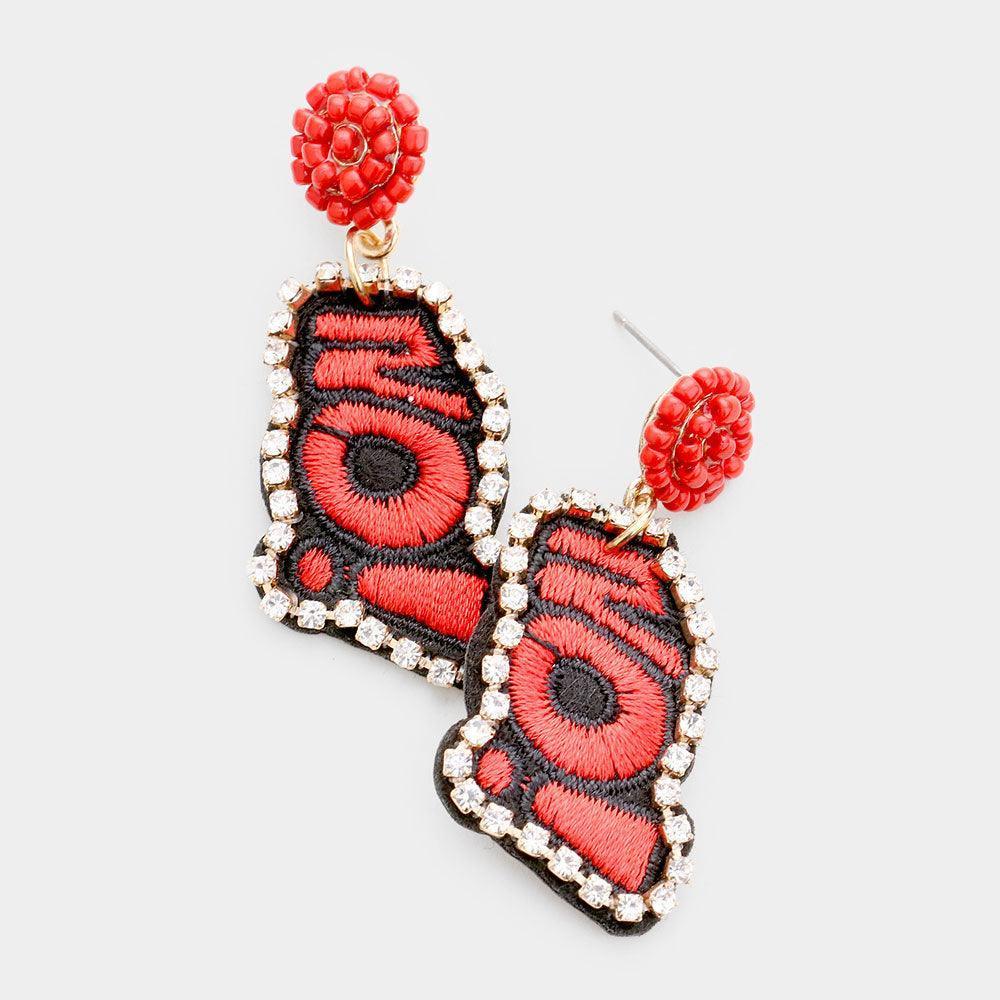 Red NO! Embroidery Message Patch Dangle Earrings - Jewelry Store by Erik Rayo