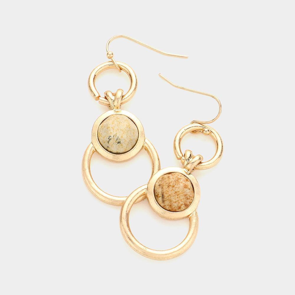 Brown Semi Precious Accented Geometric Metal Link Dangle Earrings
