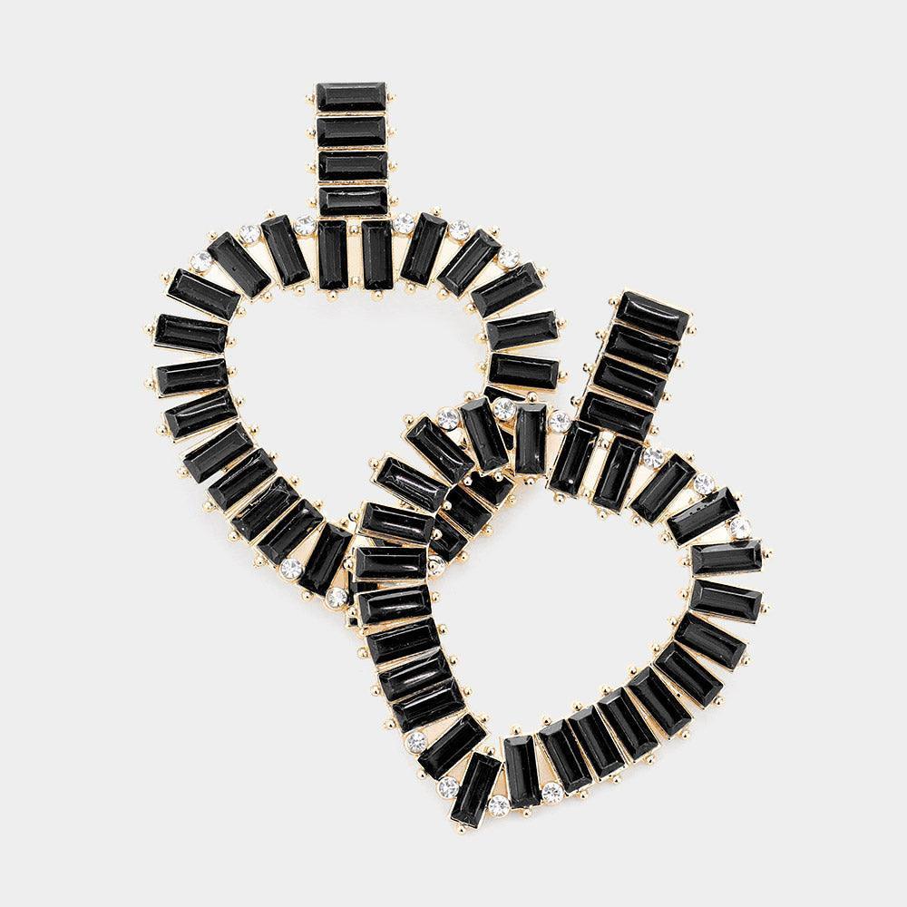 Black Rectangle Stone Cluster Open Heart Dangle Earrings - Jewelry Store by Erik Rayo