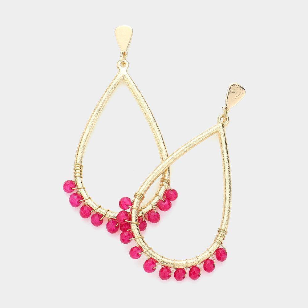 Fuchsia Faceted Beaded Open Teardrop Dangle Earrings - Jewelry Store by Erik Rayo