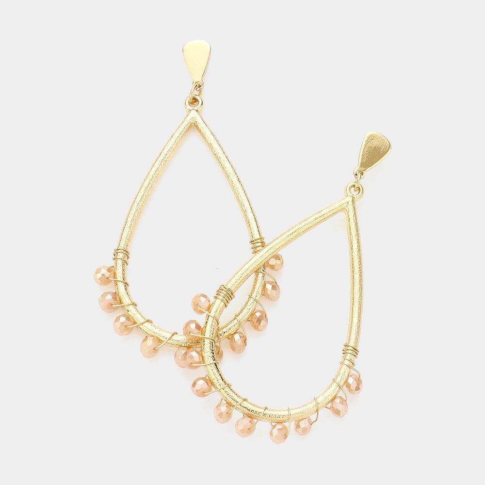 Beige Faceted Beaded Open Teardrop Dangle Earrings - Jewelry Store by Erik Rayo