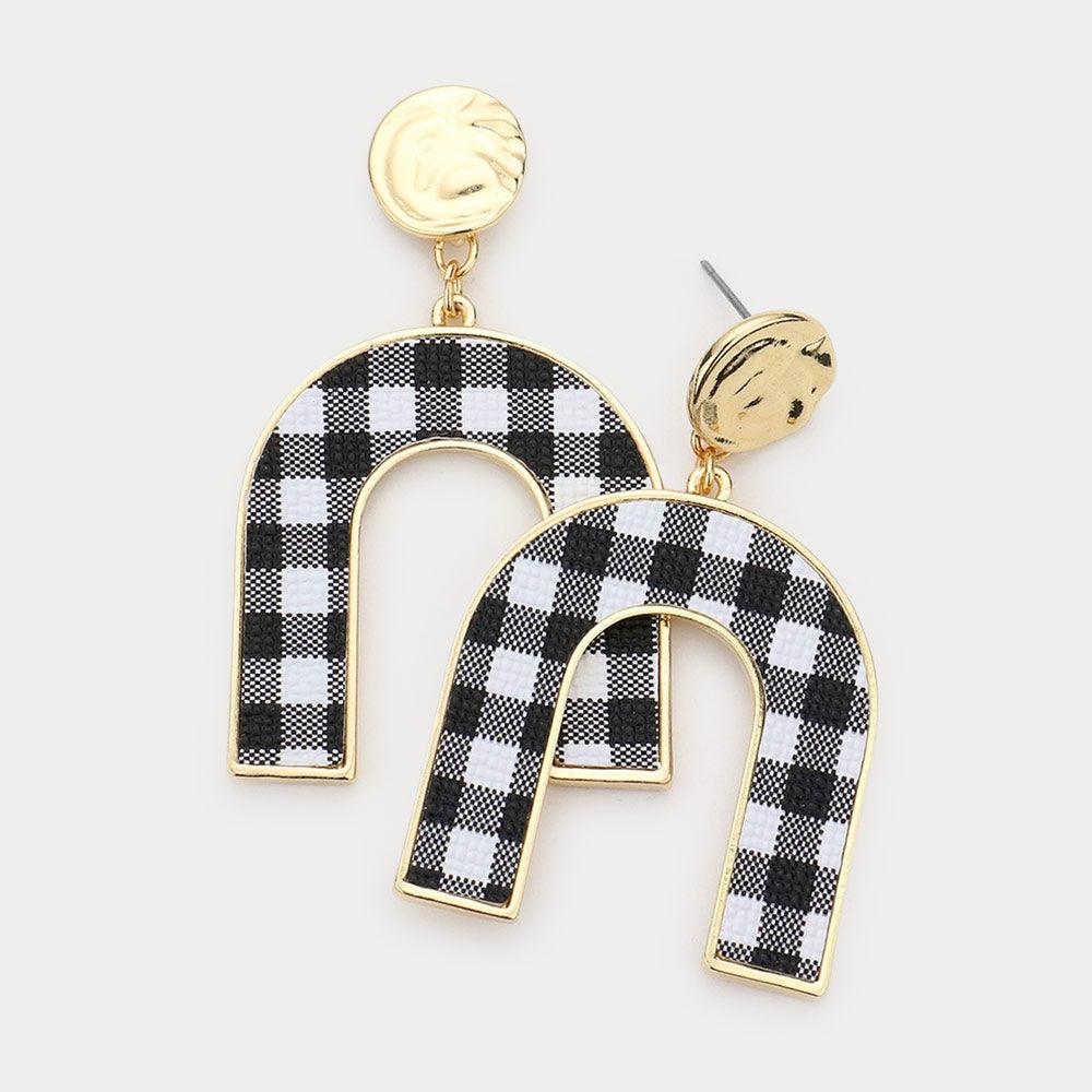 White Buffalo Check Patterned Metal Arch Dangle Earrings