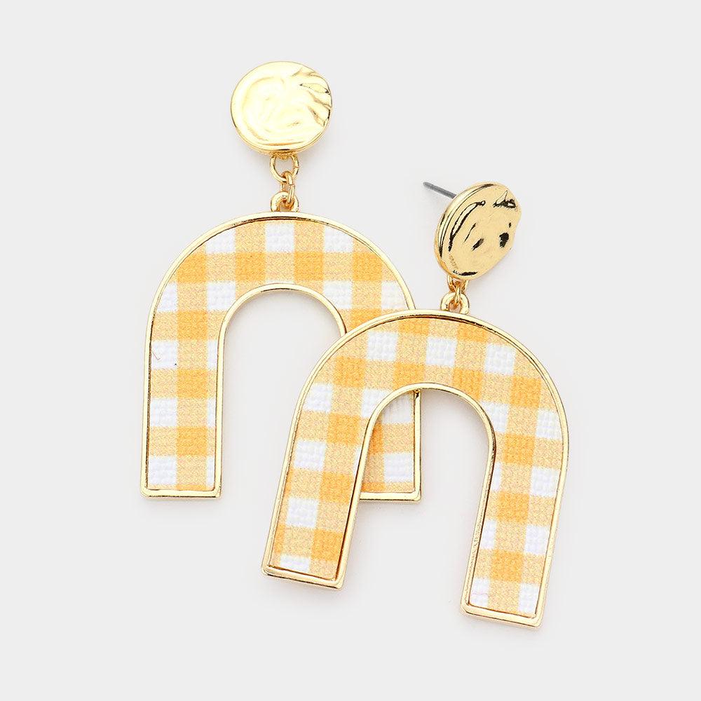 Yellow Buffalo Check Patterned Metal Arch Dangle Earrings