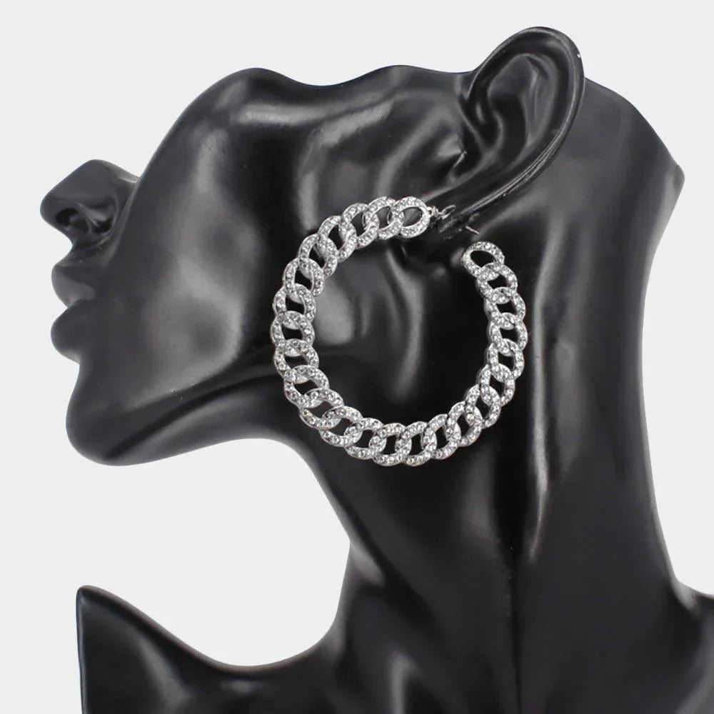 Clear Rhinestone Embellished Metal Chain Hoop Earrings - Jewelry Store by Erik Rayo