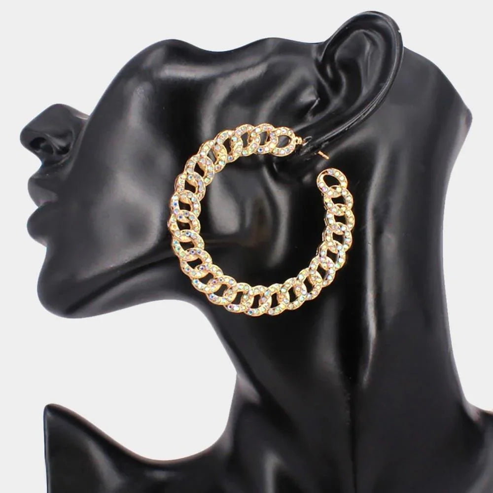 Gold Rhinestone Embellished Metal Chain Hoop Earrings - Jewelry Store by Erik Rayo