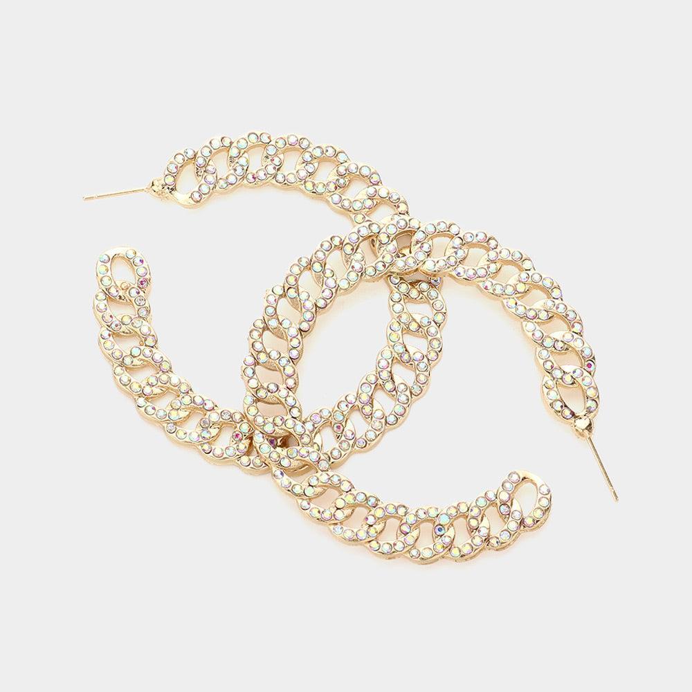 Gold Rhinestone Embellished Metal Chain Hoop Earrings - Jewelry Store by Erik Rayo