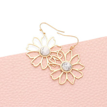 Load image into Gallery viewer, White Semi Precious Stone Centered Metal Flower Dangle Earrings
