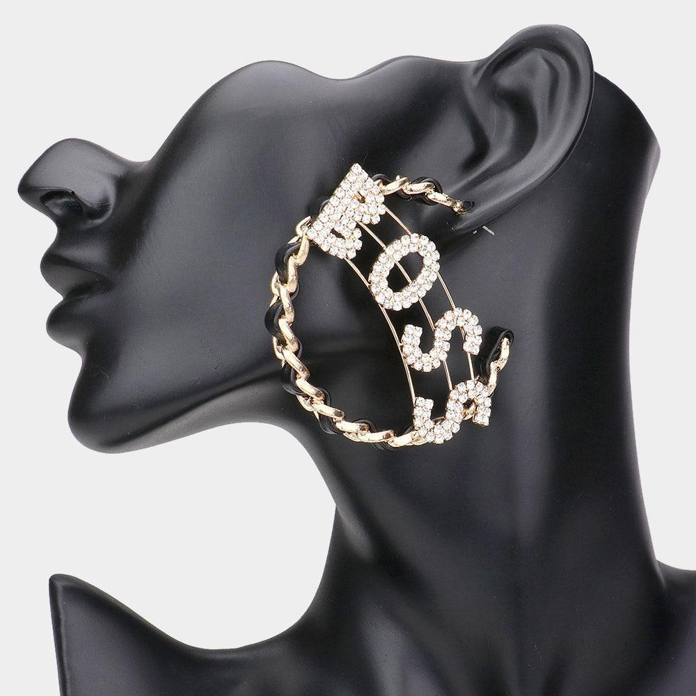 Gold BOSS Message Accented Faux Leather Chain Hoop Earrings - Jewelry Store by Erik Rayo