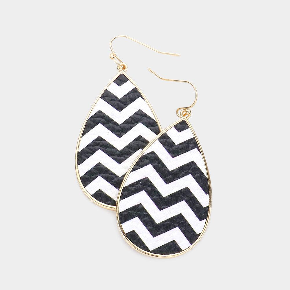 White Zigzag Chevron Patterned Faux Leather Teardrop Dangle Earrings