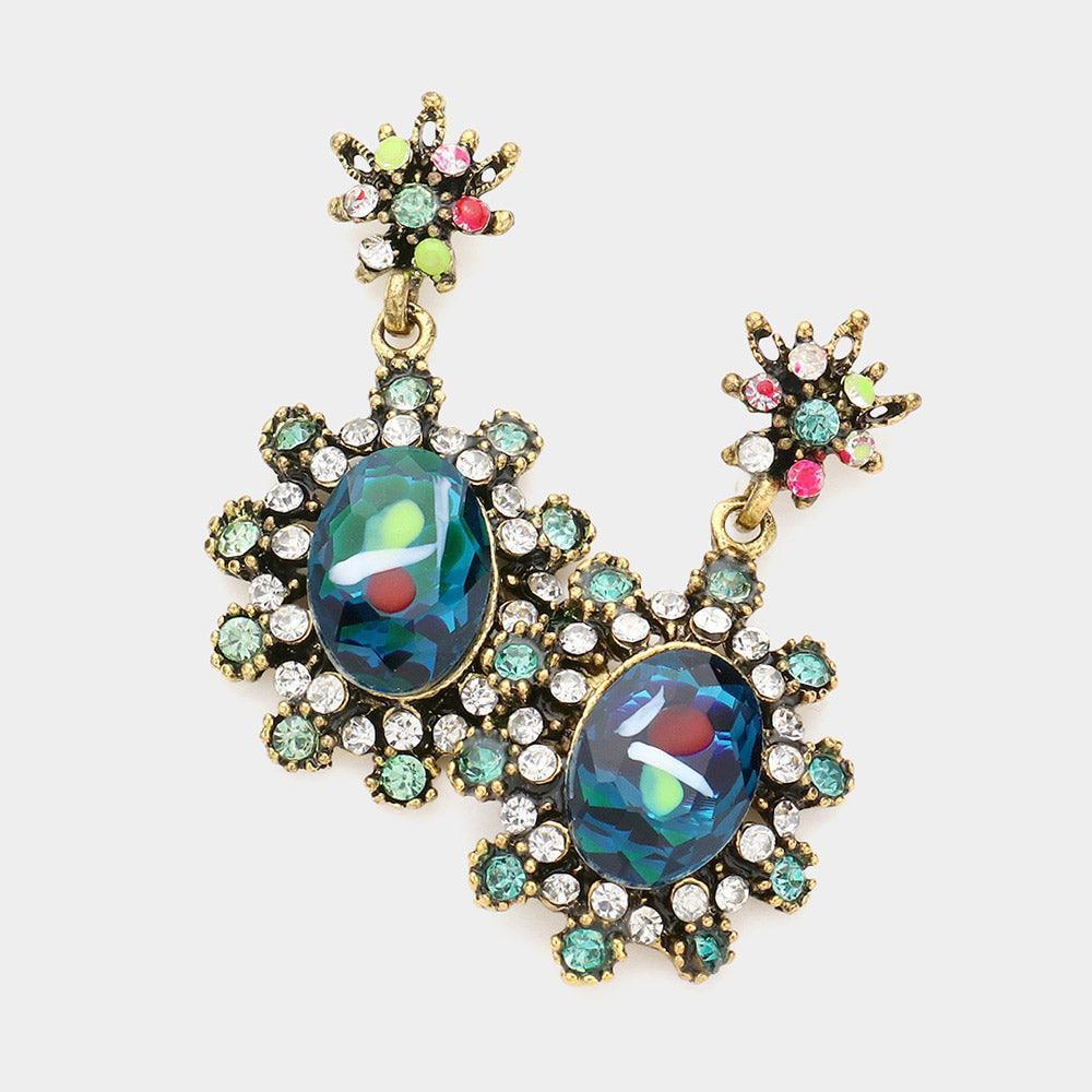 Blue Victorian Flower Sunburst Drop Earrings - Jewelry Store by Erik Rayo