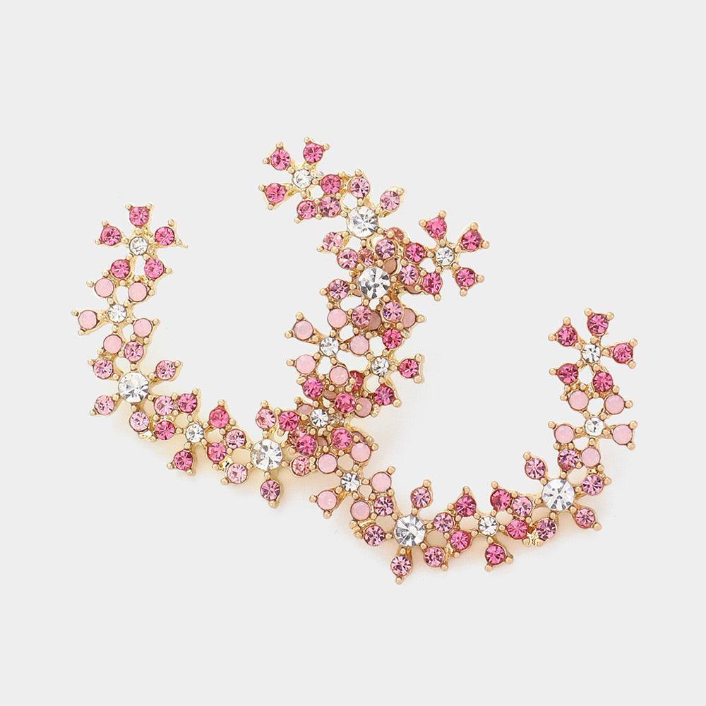 Pink Flower Stone Cluster Wretch Earrings - Jewelry Store by Erik Rayo