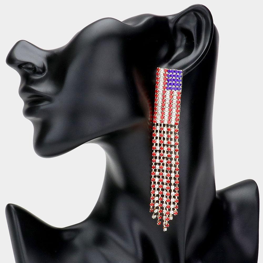 Gold Rhinestone American USA Flag Fringe Dangle Earrings - Jewelry Store by Erik Rayo