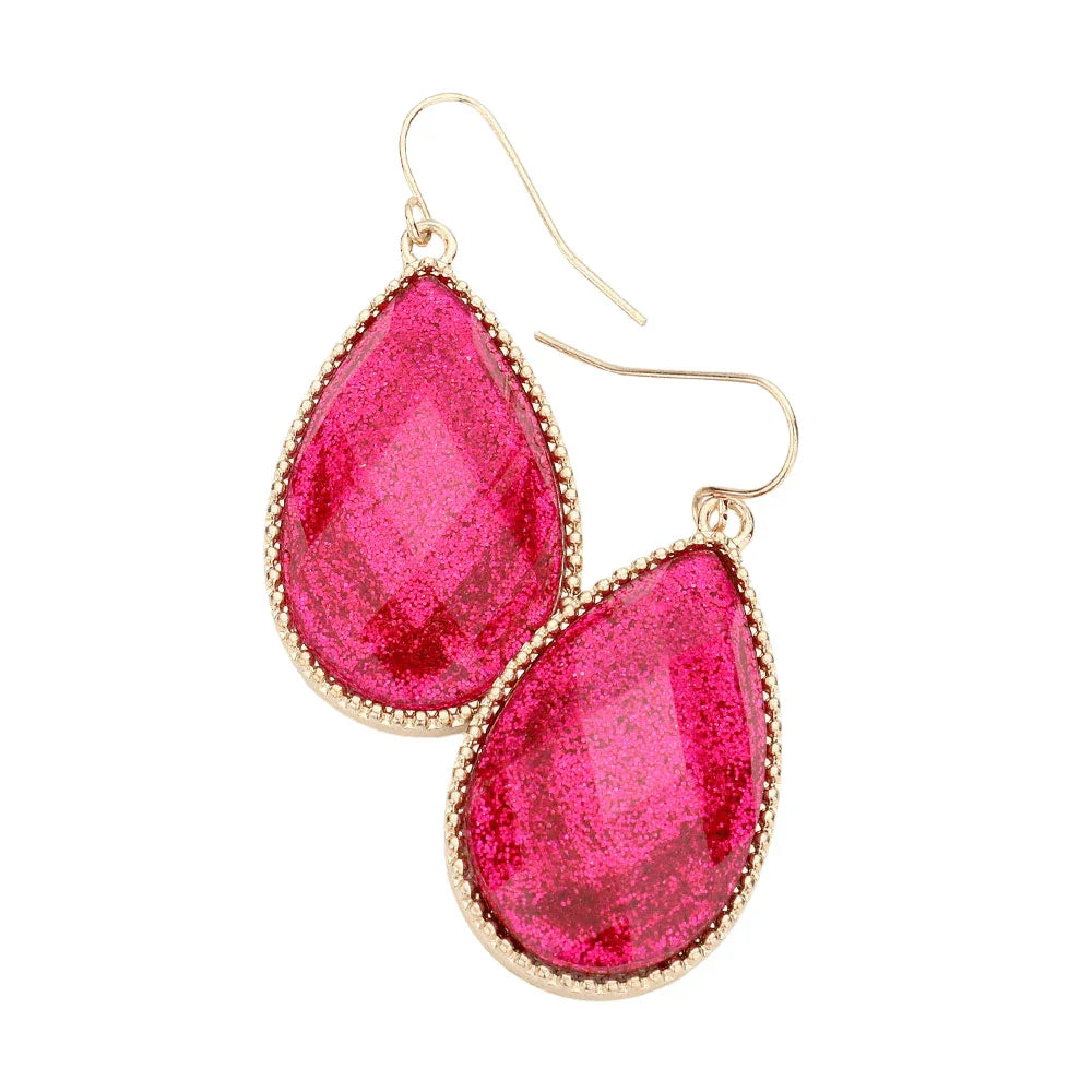 Fuchsia Glitter Teardrop Dangle Earrings - Jewelry Store by Erik Rayo
