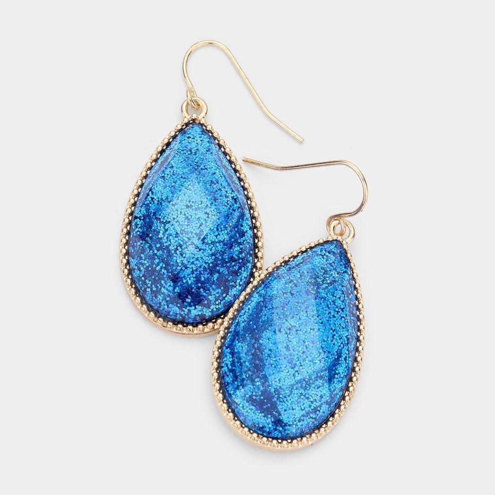 Blue Glitter Teardrop Dangle Earrings - Jewelry Store by Erik Rayo