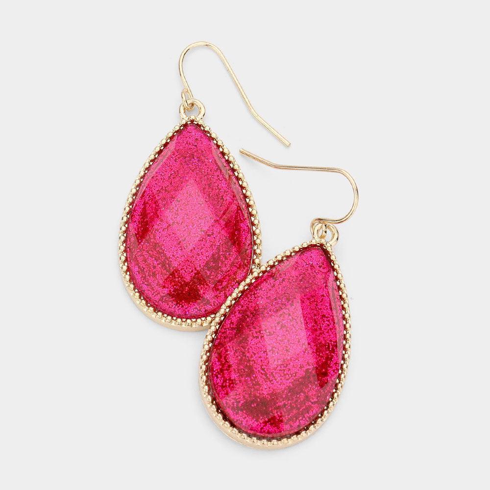 Fuchsia Glitter Teardrop Dangle Earrings - Jewelry Store by Erik Rayo
