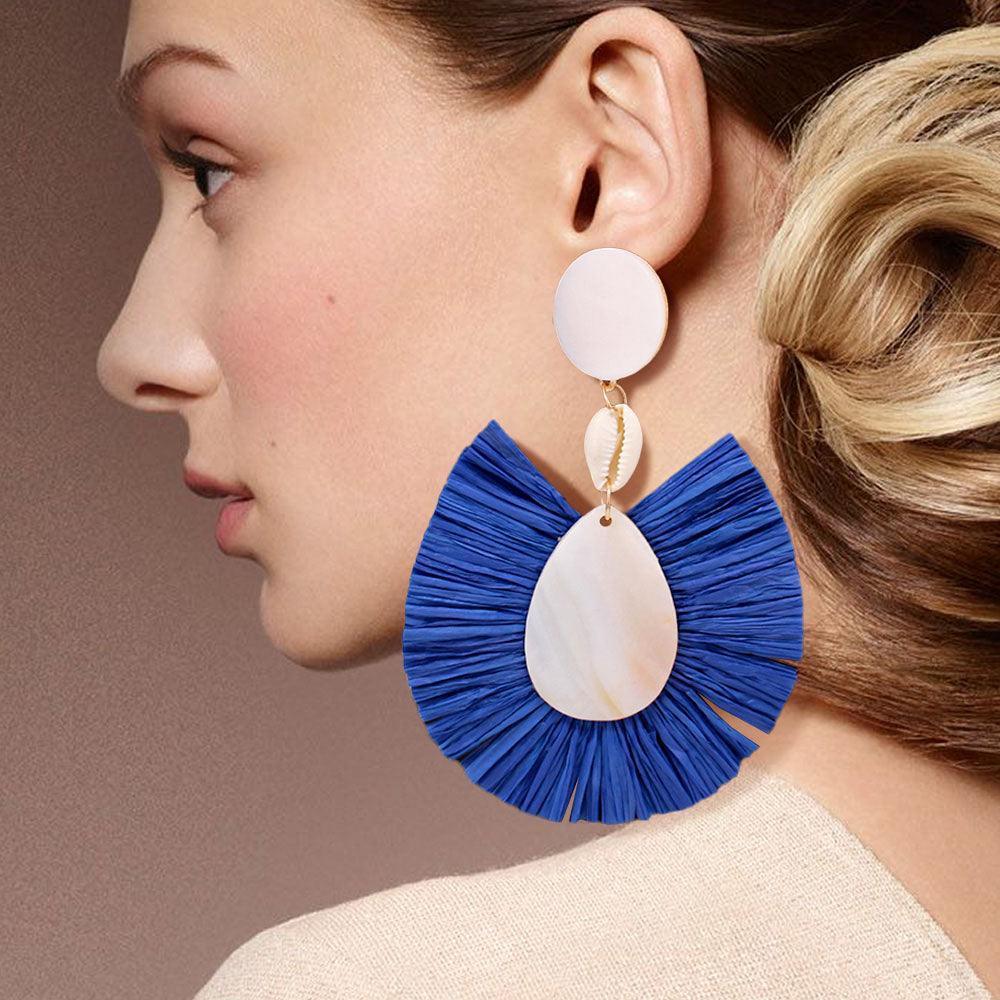 Blue Puka Shell Mother of Pearl Teardrop Raffia Trimmed Dangle Earrings - Jewelry Store by Erik Rayo