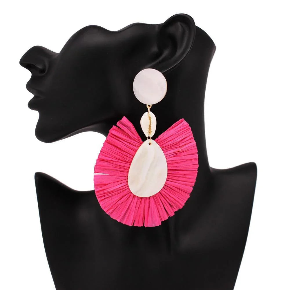 Fuchsia Puka Shell Mother of Pearl Teardrop Raffia Trimmed Dangle Earrings - Jewelry Store by Erik Rayo