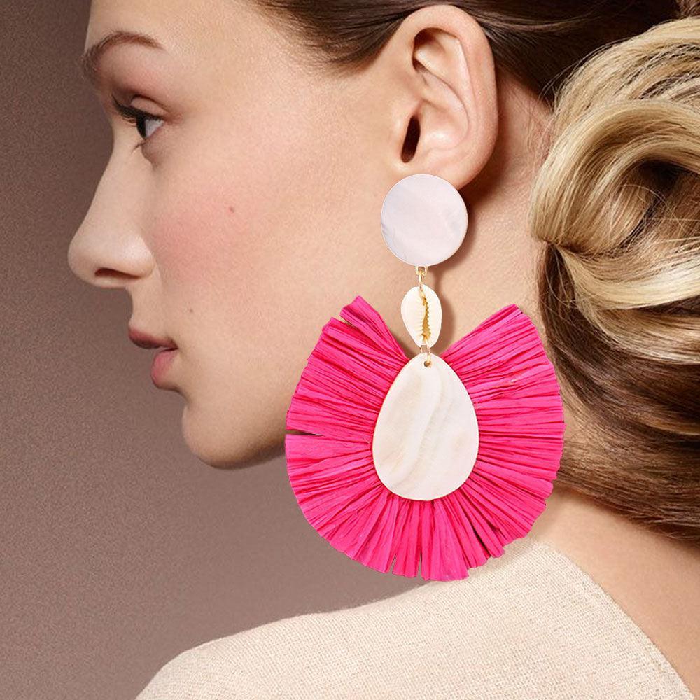 Fuchsia Puka Shell Mother of Pearl Teardrop Raffia Trimmed Dangle Earrings - Jewelry Store by Erik Rayo