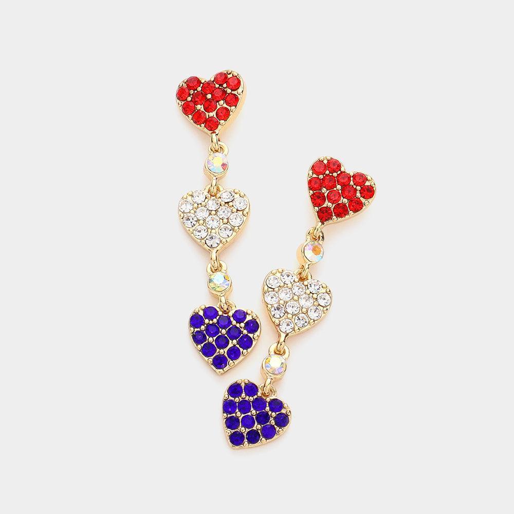 American USA Flag Triple Heart Link Dangle Earrings - Jewelry Store by Erik Rayo