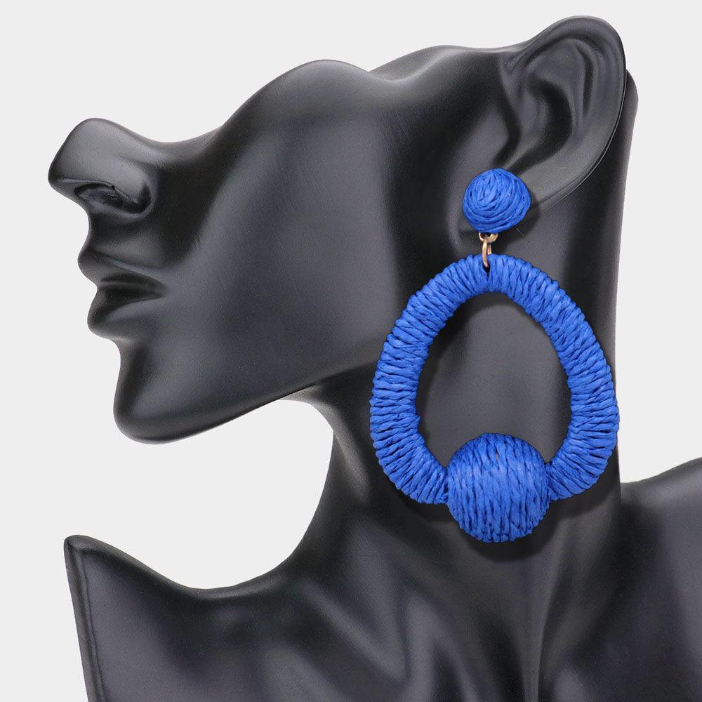 Blue Raffia Ball Accented Open Teardrop Dangle Earrings - Jewelry Store by Erik Rayo