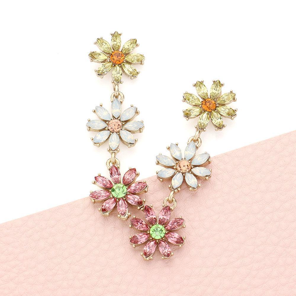 Gold Stone Cluster Triple Flower Link Dropdown Earrings