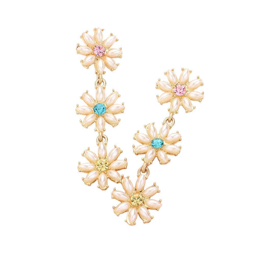 Cream Stone Cluster Triple Flower Link Dropdown Earrings - Jewelry Store by Erik Rayo