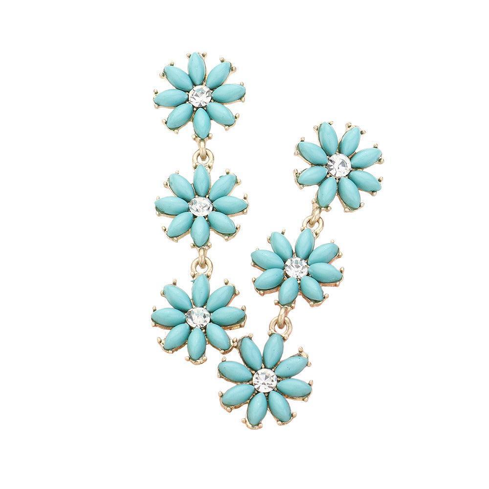 Turquoise Stone Cluster Triple Flower Link Dropdown Earrings - Jewelry Store by Erik Rayo