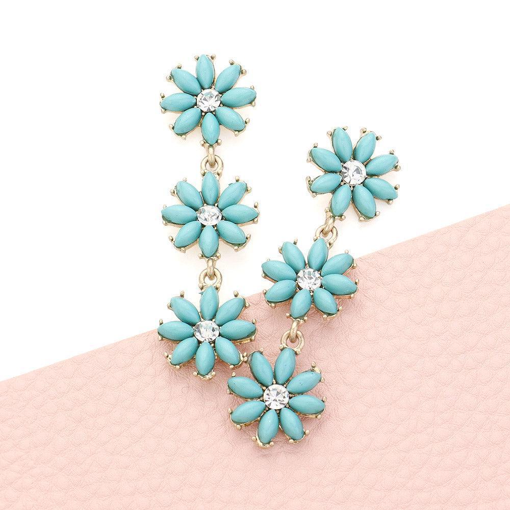 Turquoise Stone Cluster Triple Flower Link Dropdown Earrings - Jewelry Store by Erik Rayo