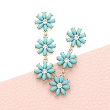 Load image into Gallery viewer, Turquoise Stone Cluster Triple Flower Link Dropdown Earrings
